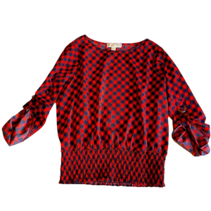 - Michael Kors red and navy blouse with buckle sleeve accent